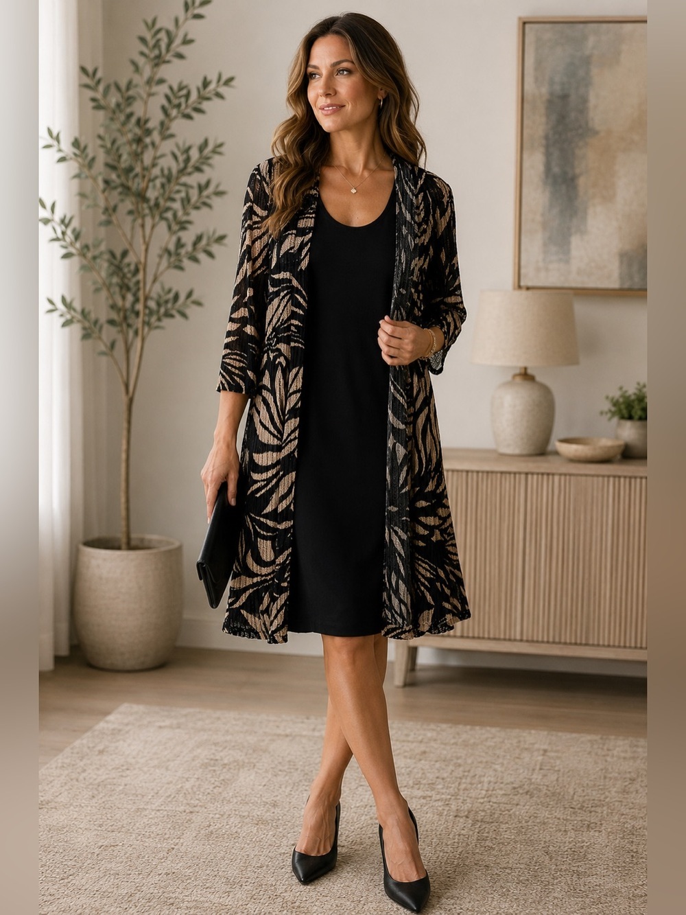 Connected Apparel Size 12 Layered Dress Black Beige Mesh Jacket Career